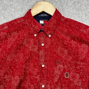 Vtg Tommy Hilfiger Shirt Mens Large Red Short Sleeve Floral Cotton Button Up